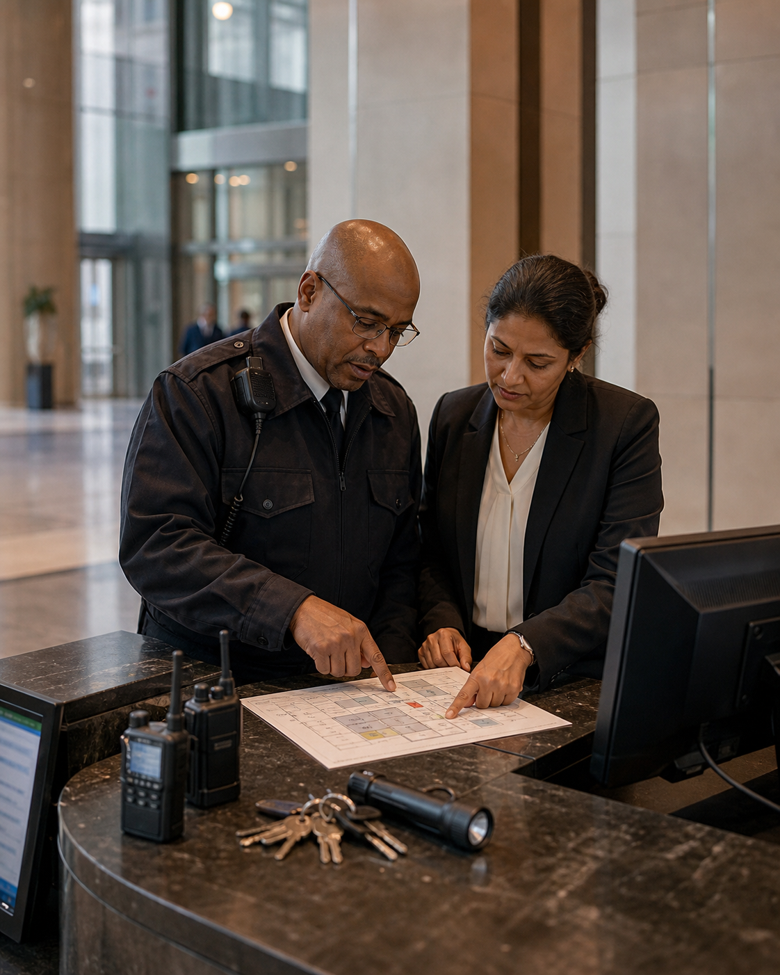 Security supervisor and building manager reviewing emergency procedures and communication equipment at a command desk.