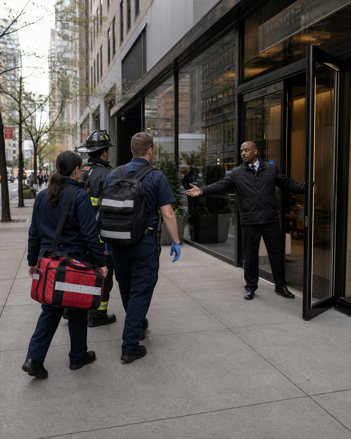 Security guard keeping a commercial-building entrance clear and directing emergency responders inside.