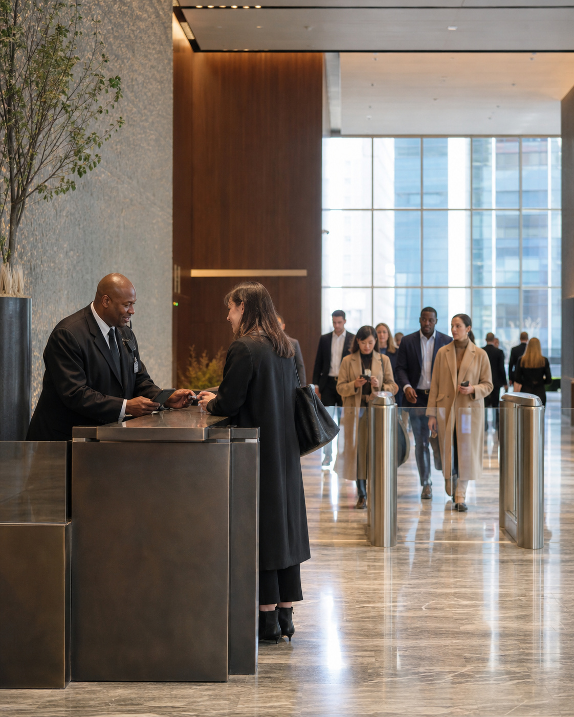 Security officer assisting visitors at the access-control desk of a Manhattan office lobby.