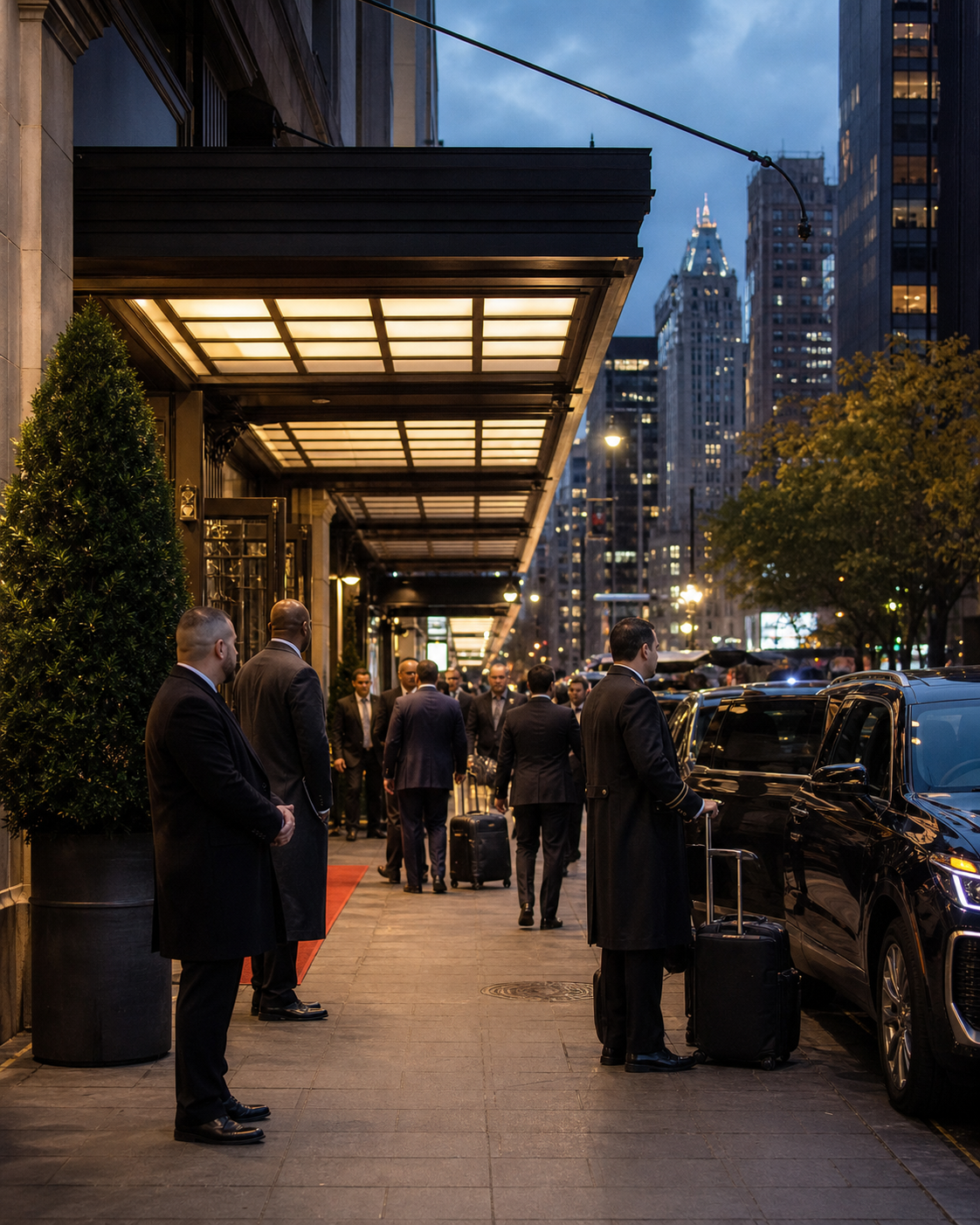 Hotel security staff coordinating guest and vehicle arrivals at a busy Manhattan entrance.