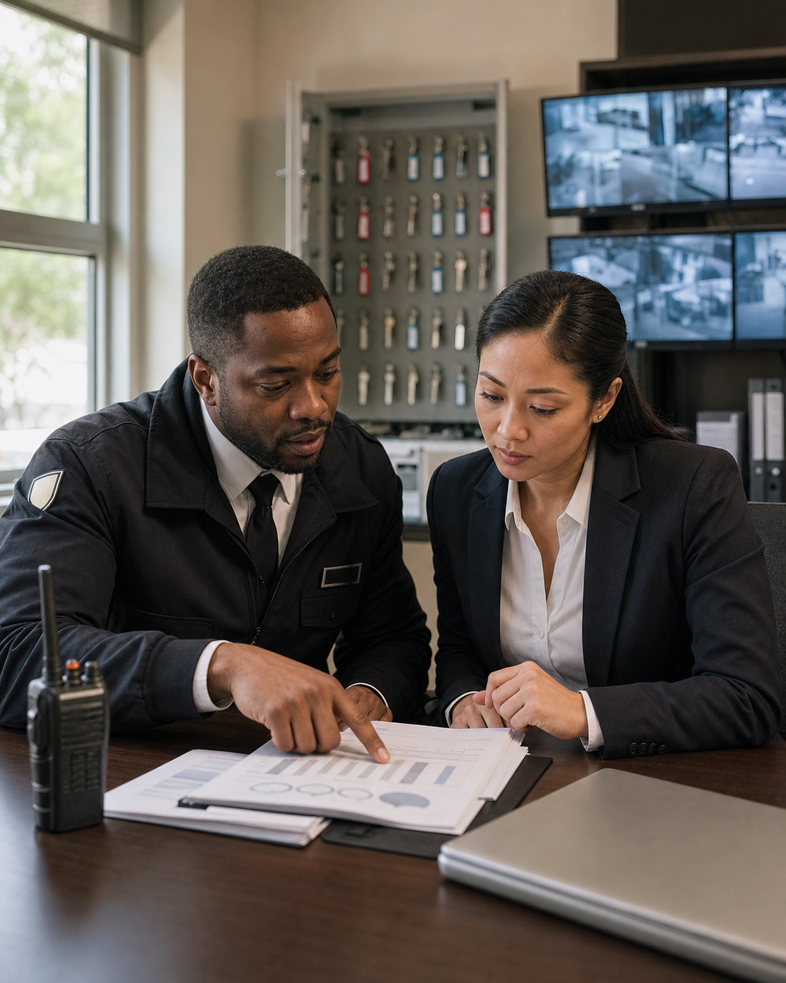 Supervisor and property manager reviewing response procedures