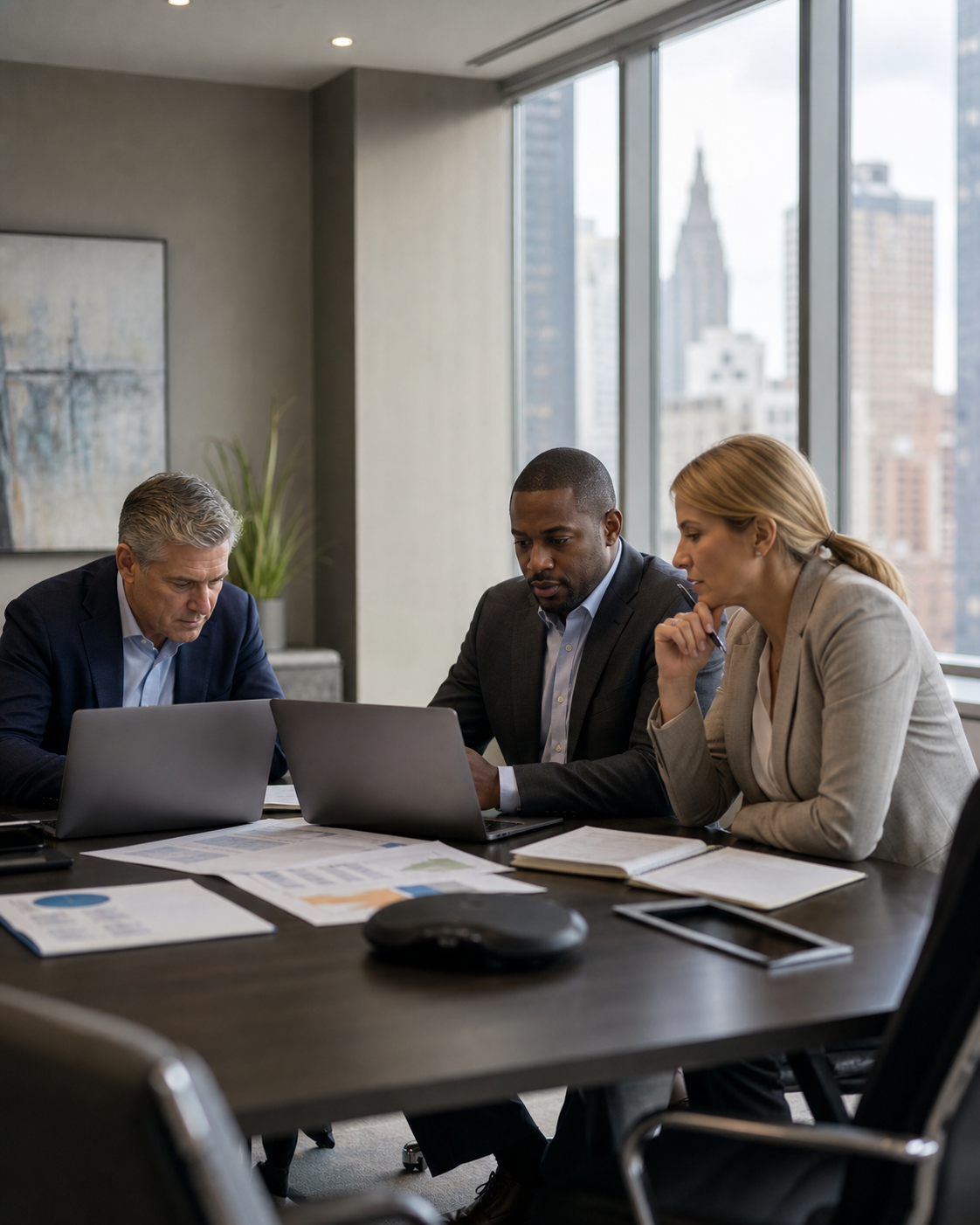 Property, security, and finance leaders reviewing staffing schedules and cost projections together.
