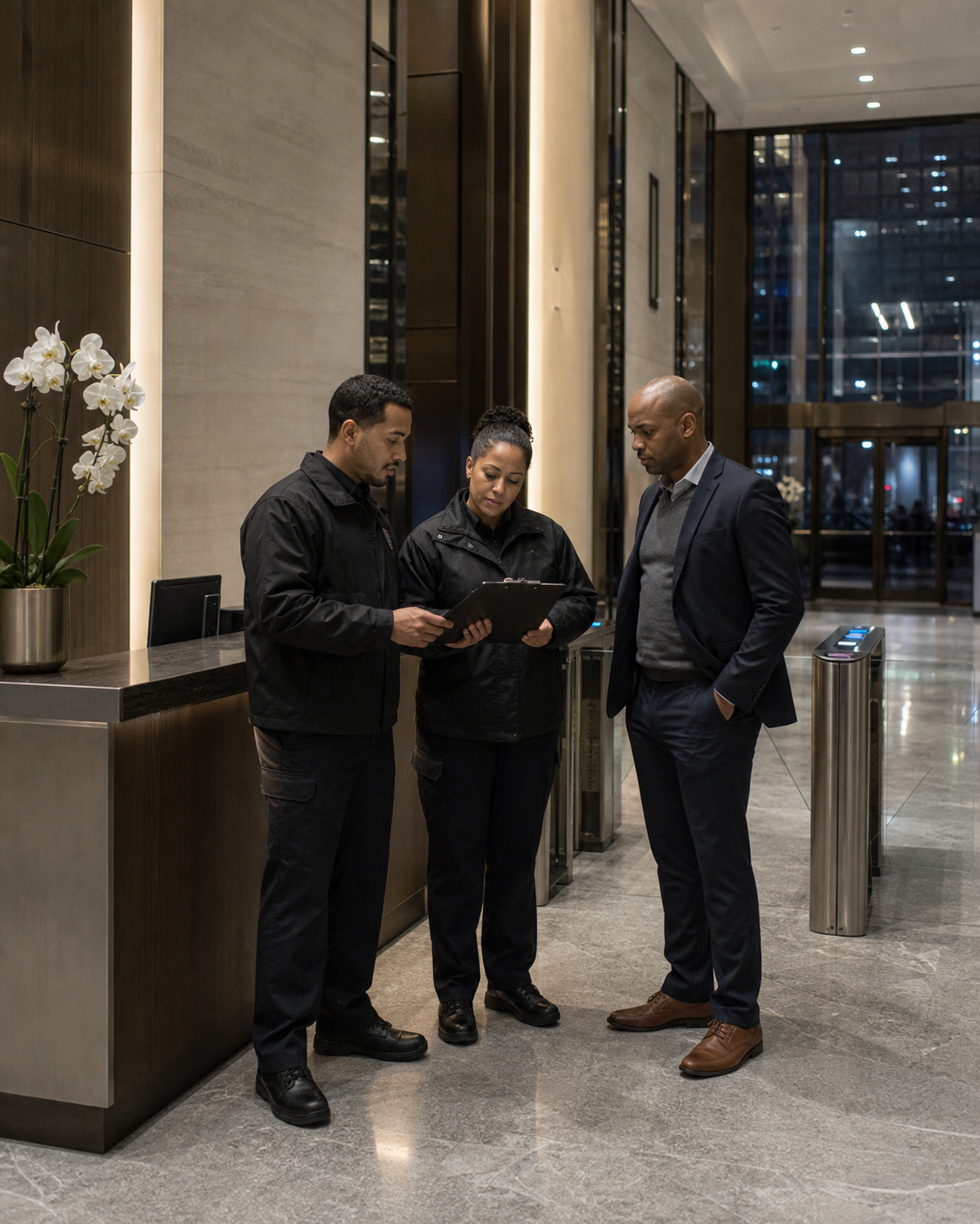 Security officers and a supervisor conducting an evening shift handoff at a Manhattan property.