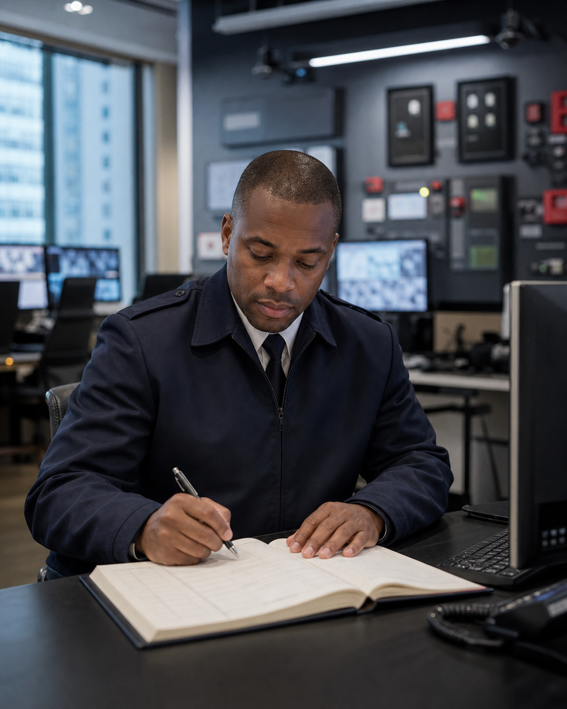 Fire and Life Safety Director reviewing a shift logbook at a Manhattan building fire command center
