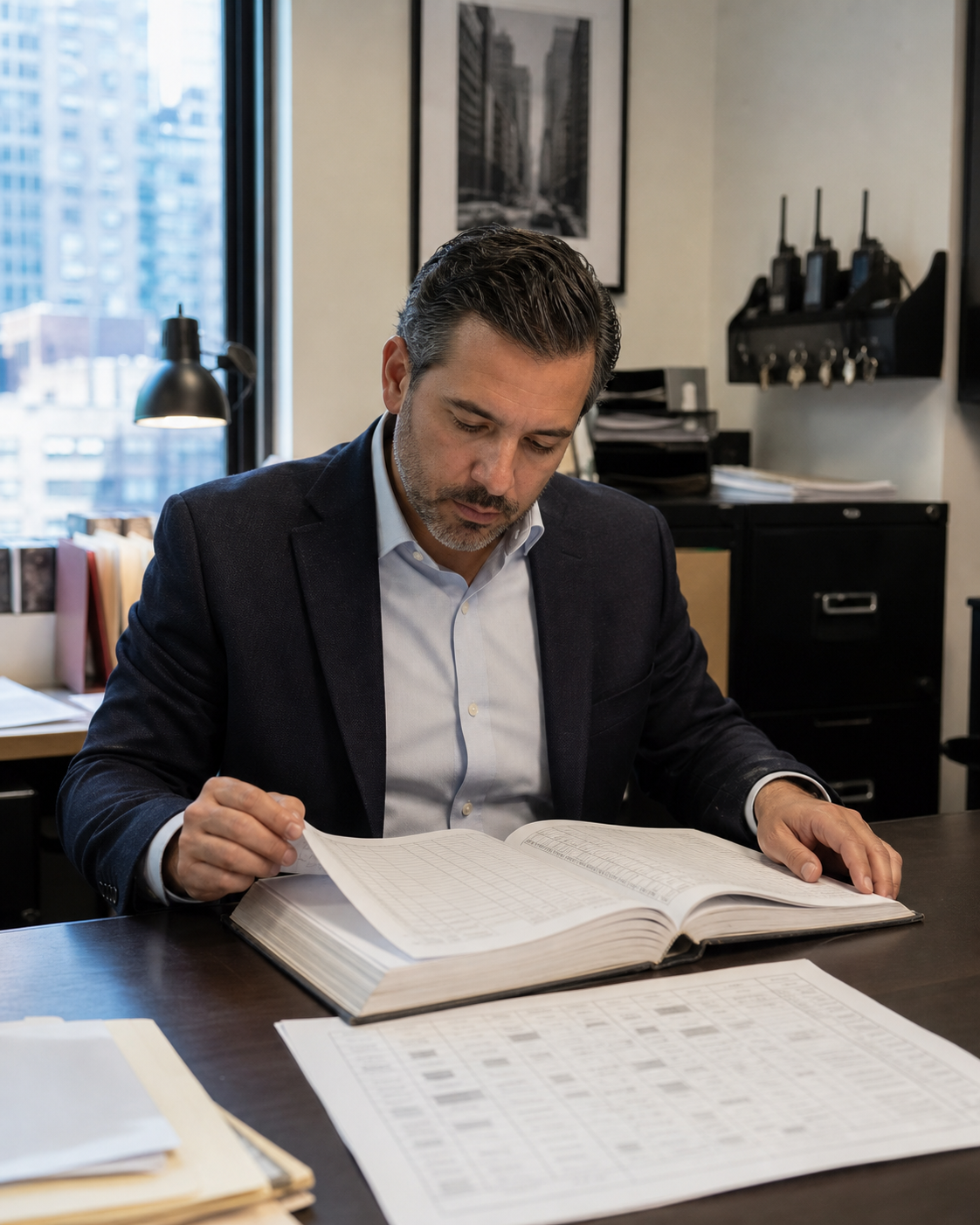 Property manager checking a fire-life-safety logbook against the daily staffing schedule