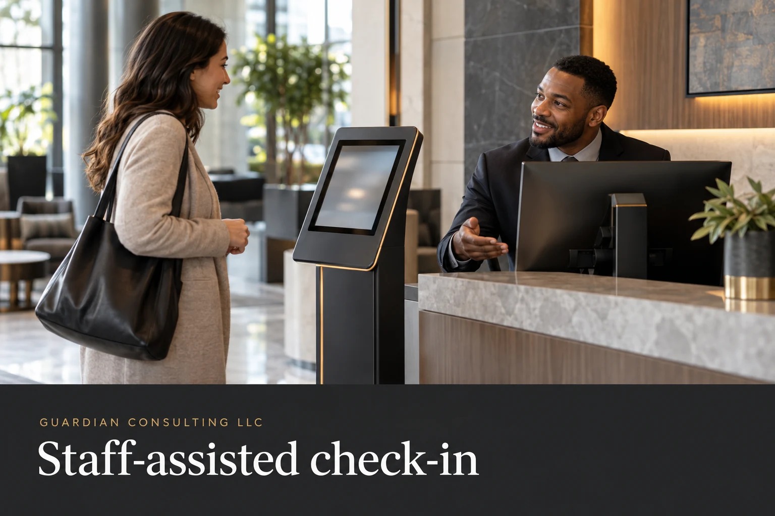Illustrative lobby scene: a desk employee assists a visitor beside a check-in kiosk.