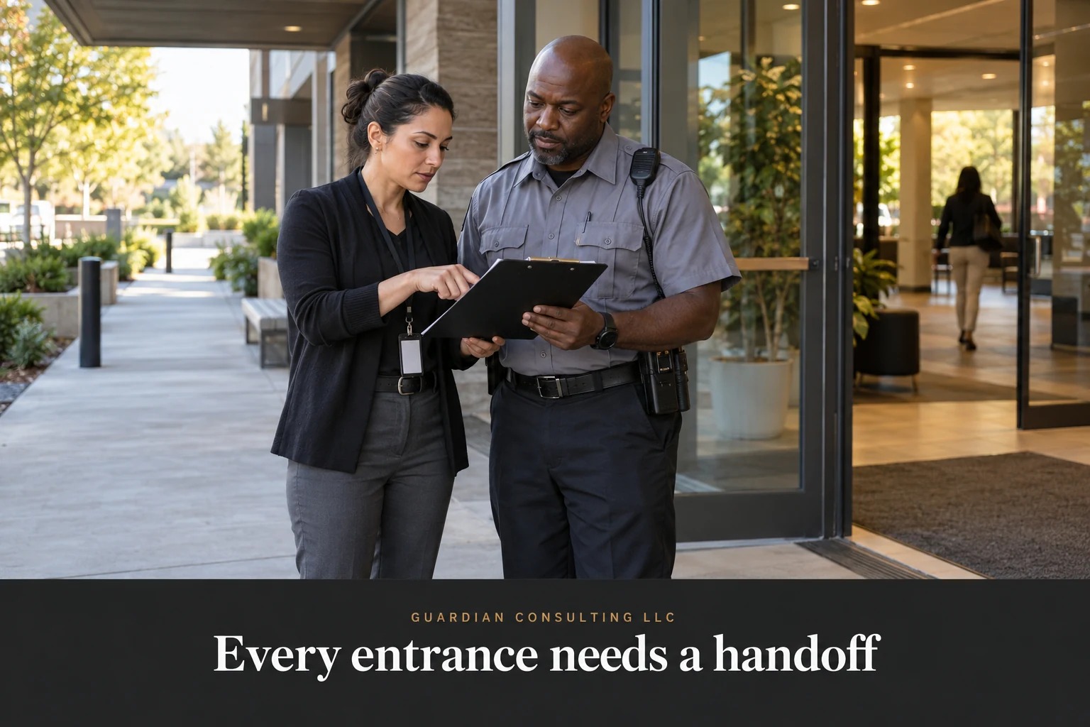 Illustrative planning scene: facilities and security staff review an entrance handoff.