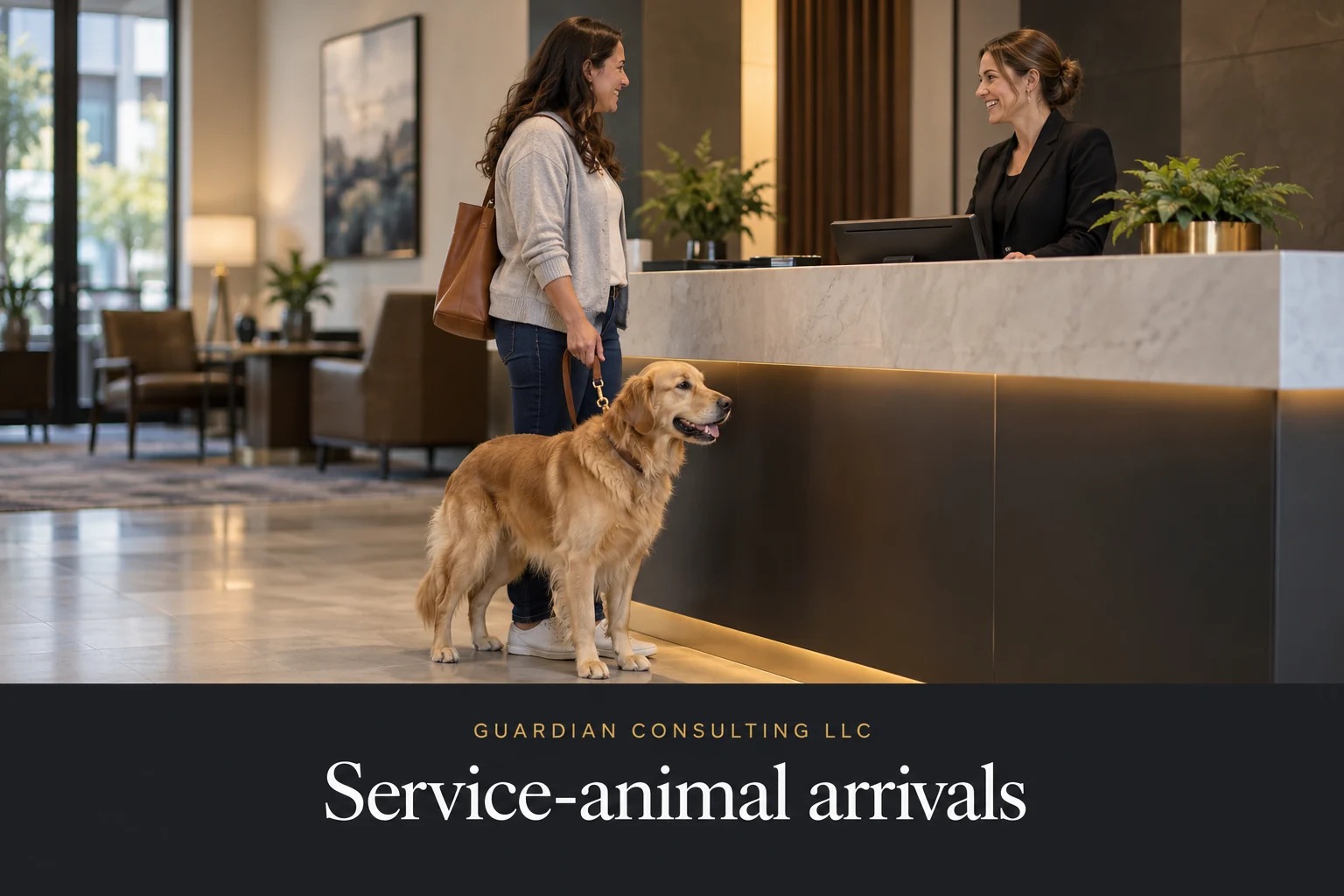 Illustrative lobby scene: a visitor and a calm dog on a leash arrive at a public-facing desk.