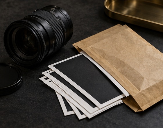 Camera lens, blank photo prints and protective envelopes on a dark desk.