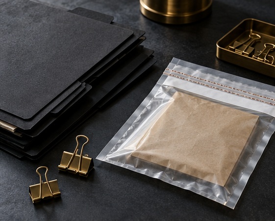 Organized folders, brass clips and a sealed evidence pouch on a charcoal desk.