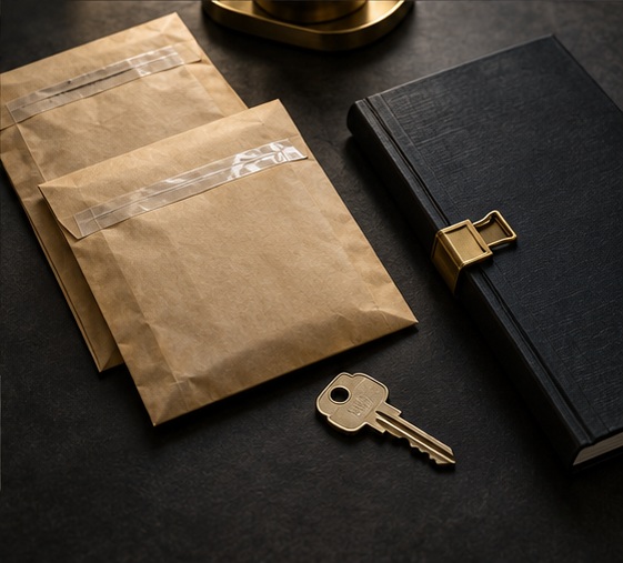 Sealed envelopes, a key and a closed evidence register notebook.