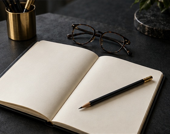 Blank notebook, pencil and eyeglasses prepared for recording witness observations.