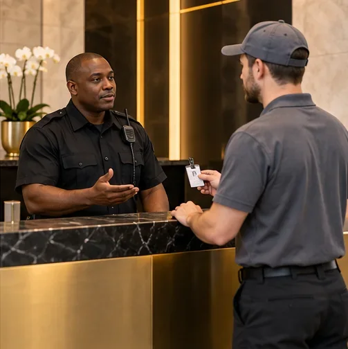 Illustrative security officer recording an arrival at a reception desk, one source of context rather than proof of a complete assignment.