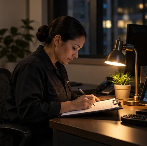 Illustrative staff member writing a dated operational note at a desk for another reviewer.