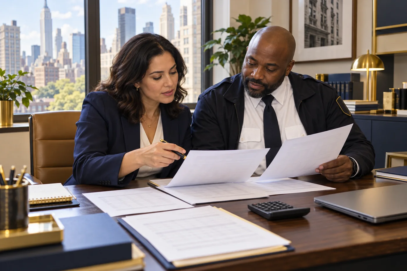 Illustrative property manager and security supervisor comparing paper service records at an office desk.