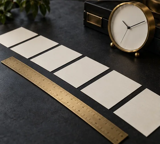 Illustrative blank sequence cards beside a clock and ruler representing a chronological review of service intervals.